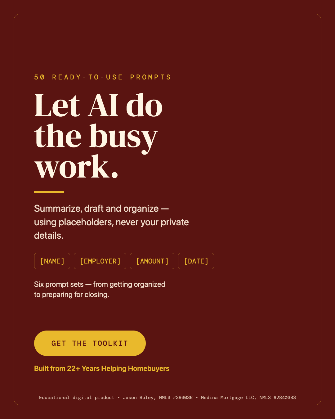 Toolkit graphic: Let AI do the busy work — fifty ready-to-use prompts that summarize, draft, and organize using placeholders, never your private details