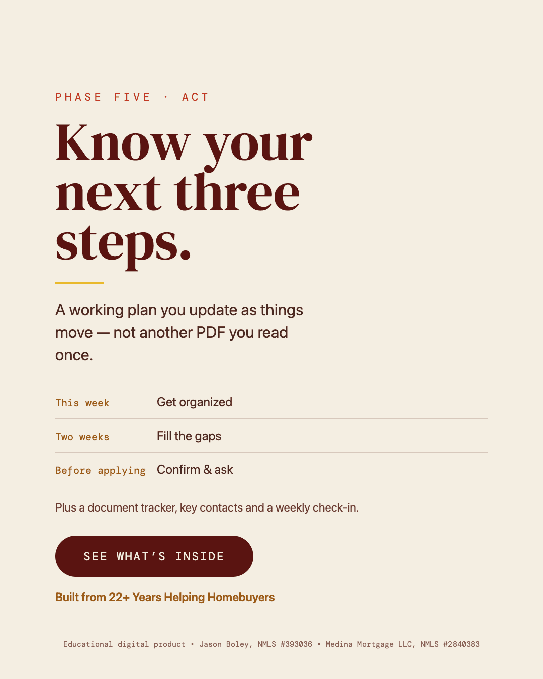Toolkit graphic: Know your next three steps — a working plan you update as things move, with a document tracker and weekly check-in